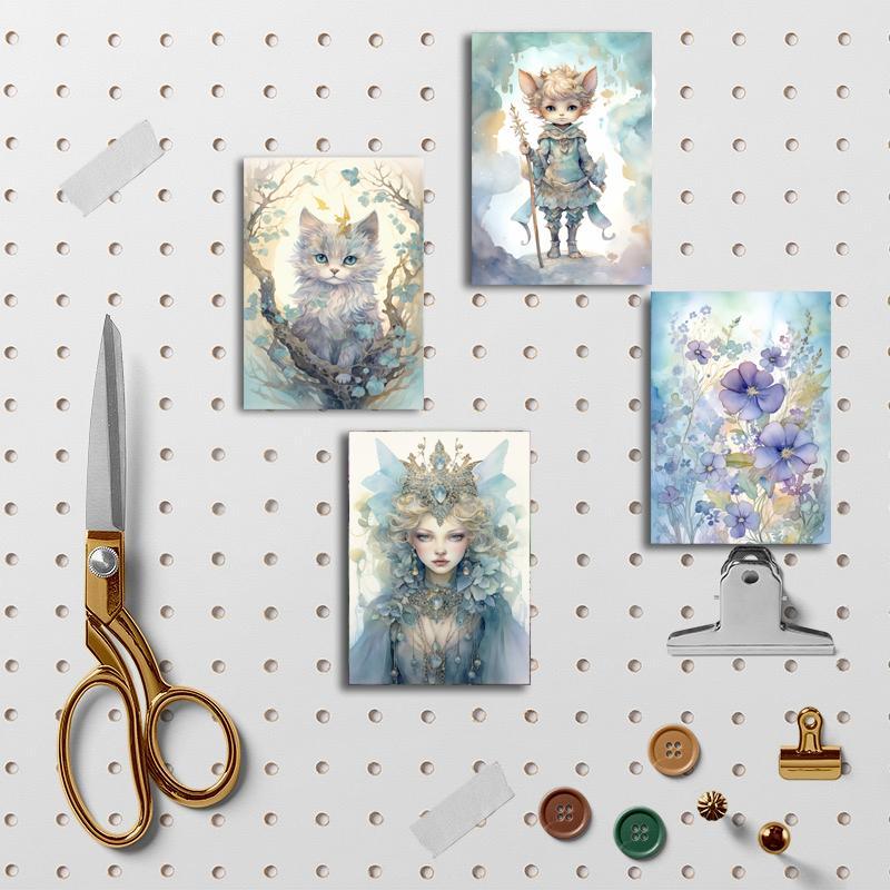 Fantasy Cat Theme DIY Greeting Card Set, 44pcs (12cards+32stickers)  Animal Fairy Pattern DIY Card, Scrapbooking Supplies for DIY Craft, Creative Gifts for Friends