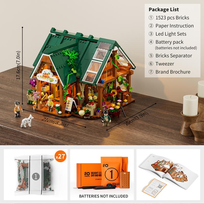 Funwhole Farm-Store,Christmas Gift, Lighting Building-Bricks Set - Farm Shop LED Light Construction Building Model Set 1523 Pcs for Adults and Teen