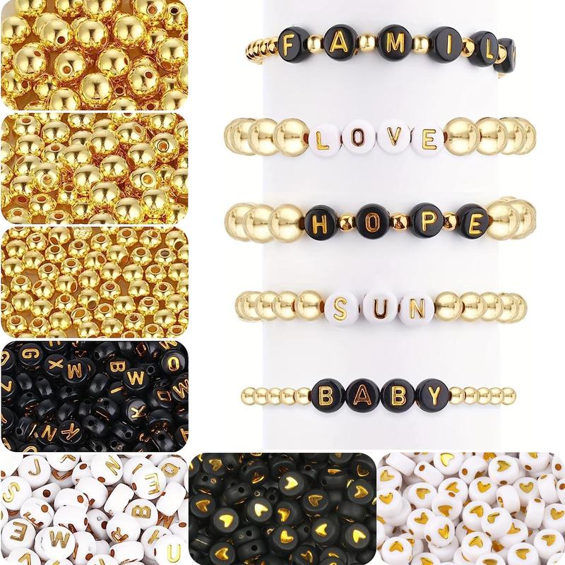 DIY Loose Beads, 1300pcs set Spacer Beads, Including 700Pcs 3 Sizes Round Golden Spacer Beads, 400Pcs Round Black White Letter Beads, 200Pcs Heart Beads