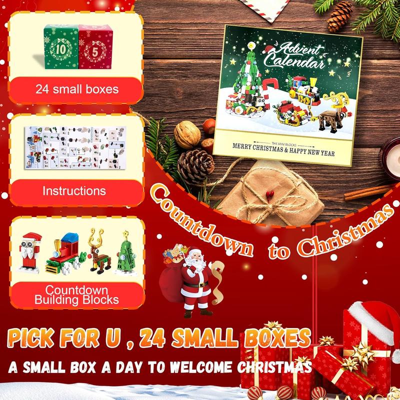 Christmas Advent Calendar 2024 Building Blocks for Kids & Adults- 24 Pack Assembly Puzzles 24 Days Countdown Advent Calendar with Christmas Tree, Reindeer Sleigh & Train, Christmas Holiday Gifts for Kids