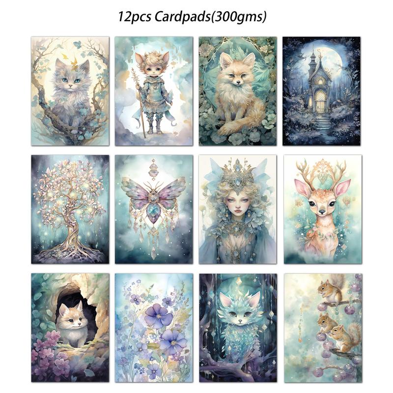 Fantasy Cat Theme DIY Greeting Card Set, 44pcs (12cards+32stickers)  Animal Fairy Pattern DIY Card, Scrapbooking Supplies for DIY Craft, Creative Gifts for Friends