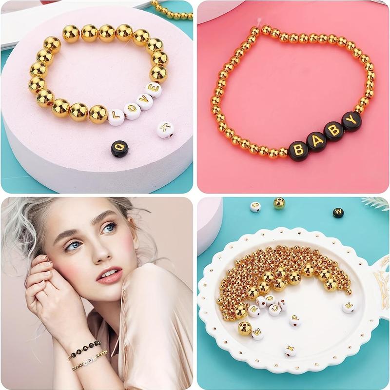 DIY Loose Beads, 1300pcs set Spacer Beads, Including 700Pcs 3 Sizes Round Golden Spacer Beads, 400Pcs Round Black White Letter Beads, 200Pcs Heart Beads