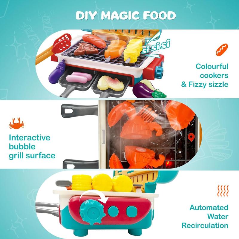 Barbecue Kitchen Cooking Playset with Realistic Spray,Light&Sound,Color Changing Play Food&Dishes Toy,Fun BBQ Kit Gourmet Cooking, BBQ Grill Toy Set Color Changing Pretend Play,Child's Cooking Set Toy,Kitchen Accessories Safe Cooking toy Set