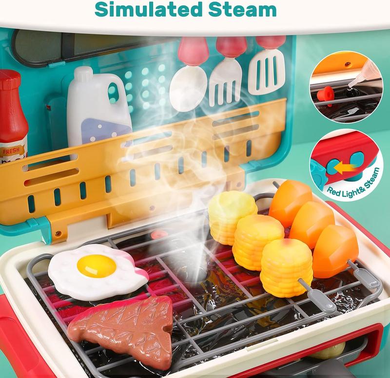 Barbecue Kitchen Cooking Playset with Realistic Spray,Light&Sound,Color Changing Play Food&Dishes Toy,Fun BBQ Kit Gourmet Cooking, BBQ Grill Toy Set Color Changing Pretend Play,Child's Cooking Set Toy,Kitchen Accessories Safe Cooking toy Set