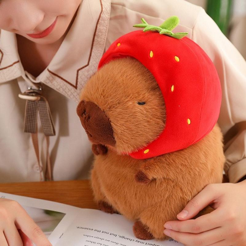 Cute Strawberry Hat Capybara Plush Toy, Stuffed Animal Toy, Soft Plush Toy for Gifts