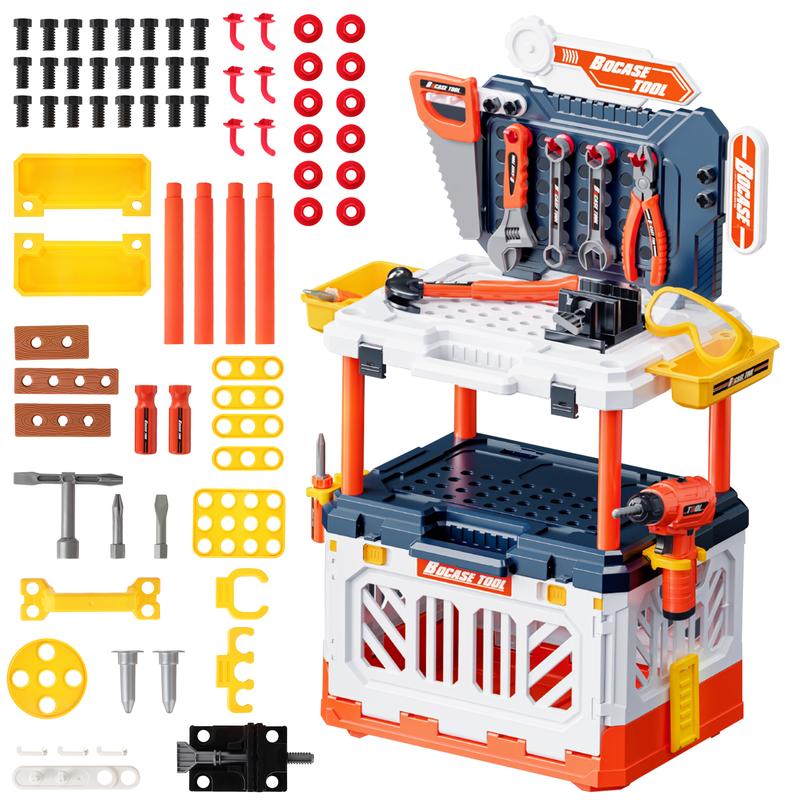 deAO Tool Bench, Realistic and Electric Drill, 90 Pcs Transformable Tool Set, 4 in 1 Pretend Play Construction Toys Gift