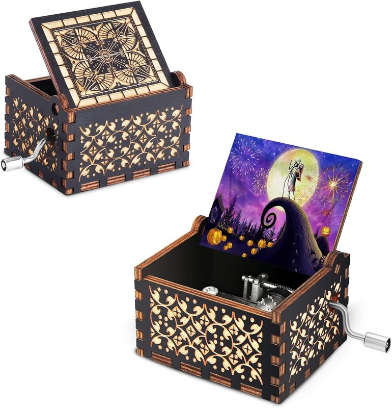 Wooden Music Box Engraved with The Nightmare Before Christmas, Hand-cranked Mini Musical Box Plays The Melody - This is Halloween, Christmas Decor Vintage Music Gifts for Halloween (Purple)