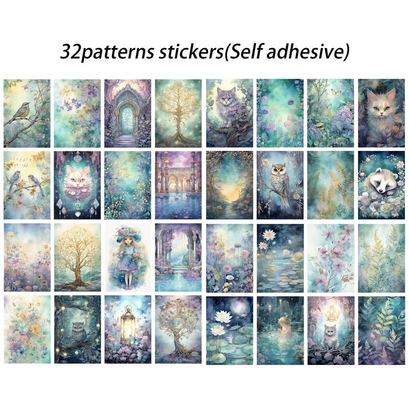 Fantasy Cat Theme DIY Greeting Card Set, 44pcs (12cards+32stickers)  Animal Fairy Pattern DIY Card, Scrapbooking Supplies for DIY Craft, Creative Gifts for Friends