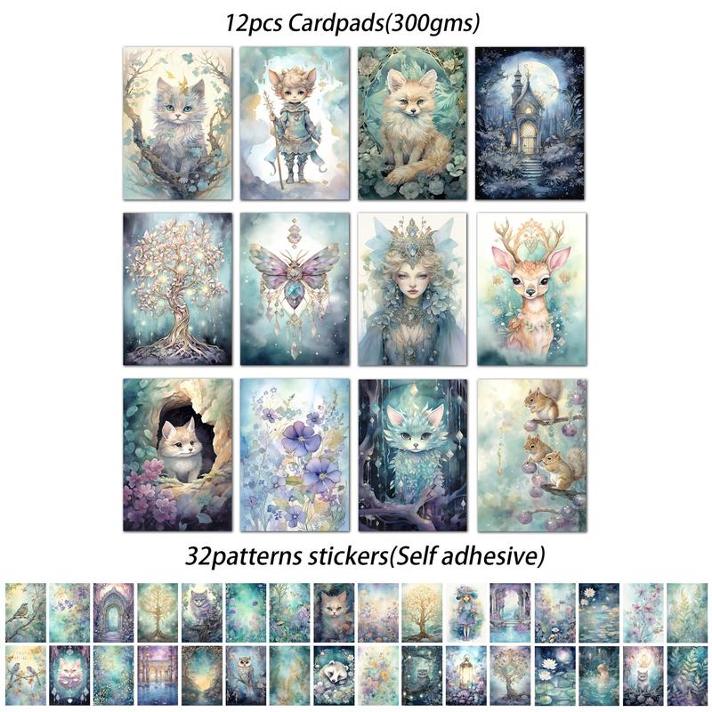 Fantasy Cat Theme DIY Greeting Card Set, 44pcs (12cards+32stickers)  Animal Fairy Pattern DIY Card, Scrapbooking Supplies for DIY Craft, Creative Gifts for Friends