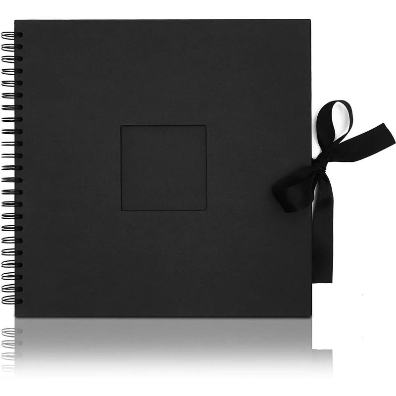 Black 12x12 Scrapbook Album with Window, Silk Ribbon for Weddings, 80 Pages