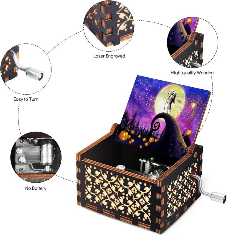 Wooden Music Box Engraved with The Nightmare Before Christmas, Hand-cranked Mini Musical Box Plays The Melody - This is Halloween, Christmas Decor Vintage Music Gifts for Halloween (Purple)