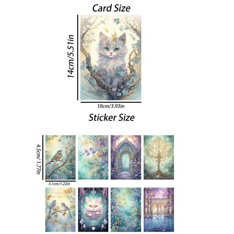 Fantasy Cat Theme DIY Greeting Card Set, 44pcs (12cards+32stickers)  Animal Fairy Pattern DIY Card, Scrapbooking Supplies for DIY Craft, Creative Gifts for Friends