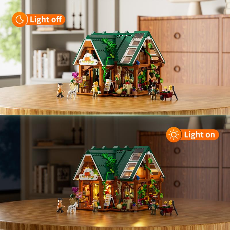 Funwhole Farm-Store,Christmas Gift, Lighting Building-Bricks Set - Farm Shop LED Light Construction Building Model Set 1523 Pcs for Adults and Teen