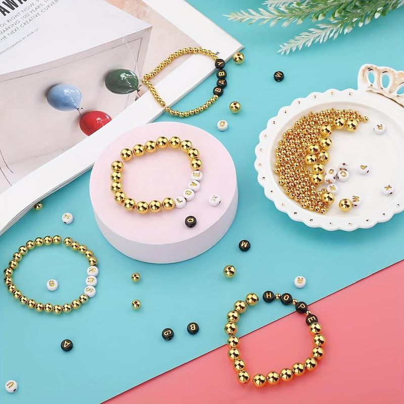 DIY Loose Beads, 1300pcs set Spacer Beads, Including 700Pcs 3 Sizes Round Golden Spacer Beads, 400Pcs Round Black White Letter Beads, 200Pcs Heart Beads