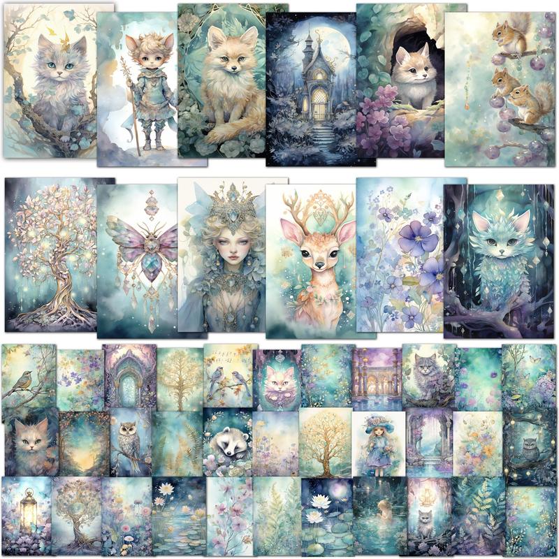 Fantasy Cat Theme DIY Greeting Card Set, 44pcs (12cards+32stickers)  Animal Fairy Pattern DIY Card, Scrapbooking Supplies for DIY Craft, Creative Gifts for Friends