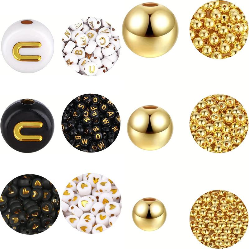 DIY Loose Beads, 1300pcs set Spacer Beads, Including 700Pcs 3 Sizes Round Golden Spacer Beads, 400Pcs Round Black White Letter Beads, 200Pcs Heart Beads