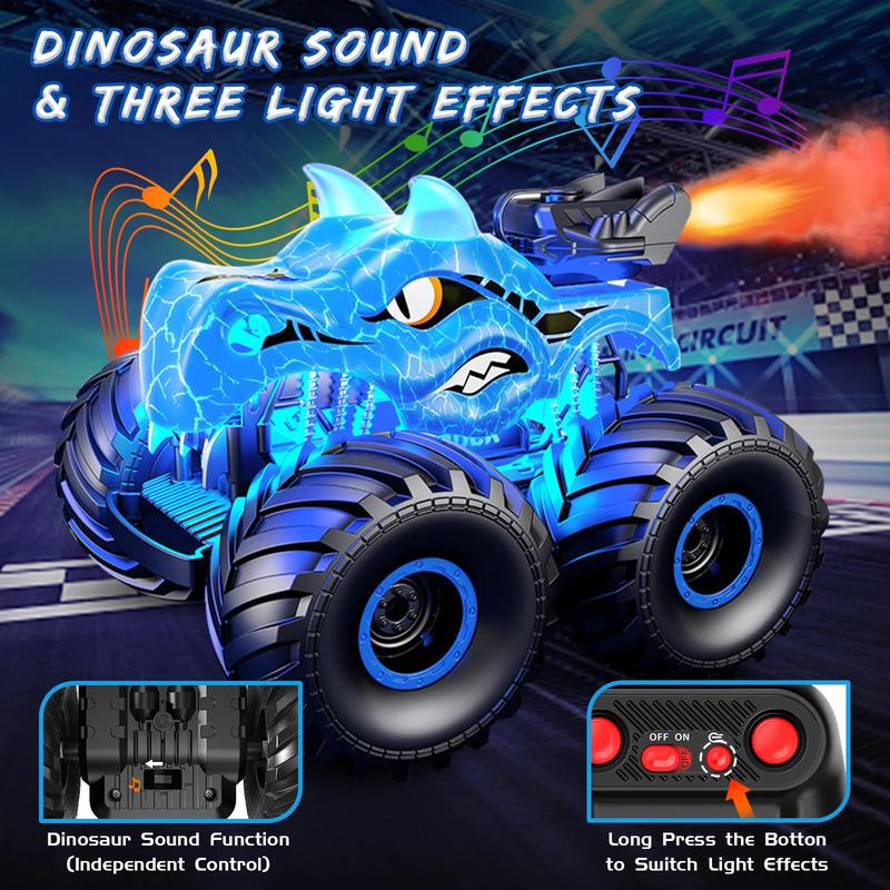 Kidcia Remote Control Dinosaur Car, 2.4GHz RC Monster Trucks for Boys with Spray, Light & Sound, All Terrain RC Cars with 2 Batteries, Dinosaur Toys for Kids 3 4 5 6 7 8, Christmas Birthday Gift, Red