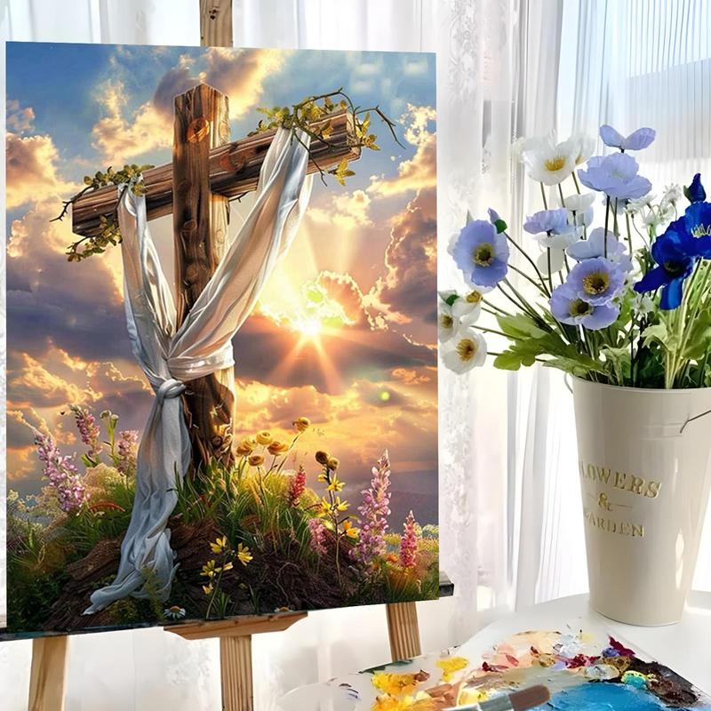 Cross & Flower Pattern DIY Painting By Numbers Kit, 1 Set DIY Paint By Numbers Kit without Frame, Wall Art Decoration for Home Living Room Bedroom