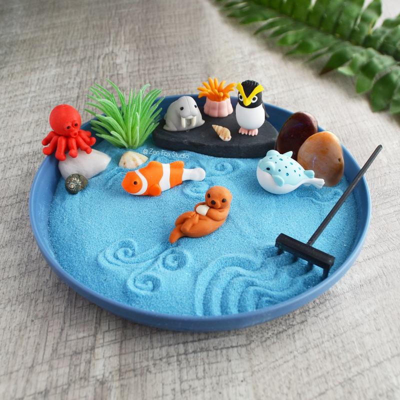 Mini Ocean Zen Garden Beach Sand Blue Desk Accessory DIY Kit Holiday Christmas Gifts for Him Her Sea Otter Office Decor Fidget Toy Therapy mini zen garden, beach decor, unique zen gardens, sand garden, ocean zen garden, New Job Gift, Home Office Decor