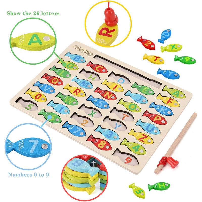 Magnetic Wooden Fishing Game Toy for Toddlers, Alphabet Fish Catching Counting Games Puzzle with Numbers and Letters, Preschool Learning ABC Math Educational Toys 3 4 5 Years Old Girl Boy Kids