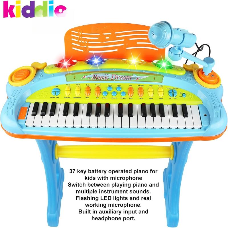 Kids Piano Keyboard with Microphone and Stool  37 Key Electronic Musical Toy with Colorful Lights for Toddlers Ages 3 and Up