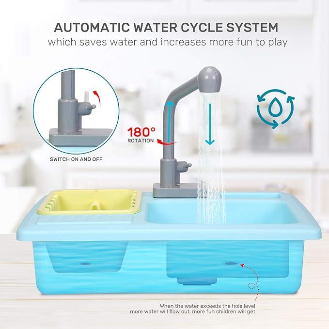 CUTE STONE Color Changing Kitchen Sink Toys, Heat Sensitive Electric Dishwasher Playing Toy with Running Water, Automatic Water Cycle System Play House Pretend Role Play Toys