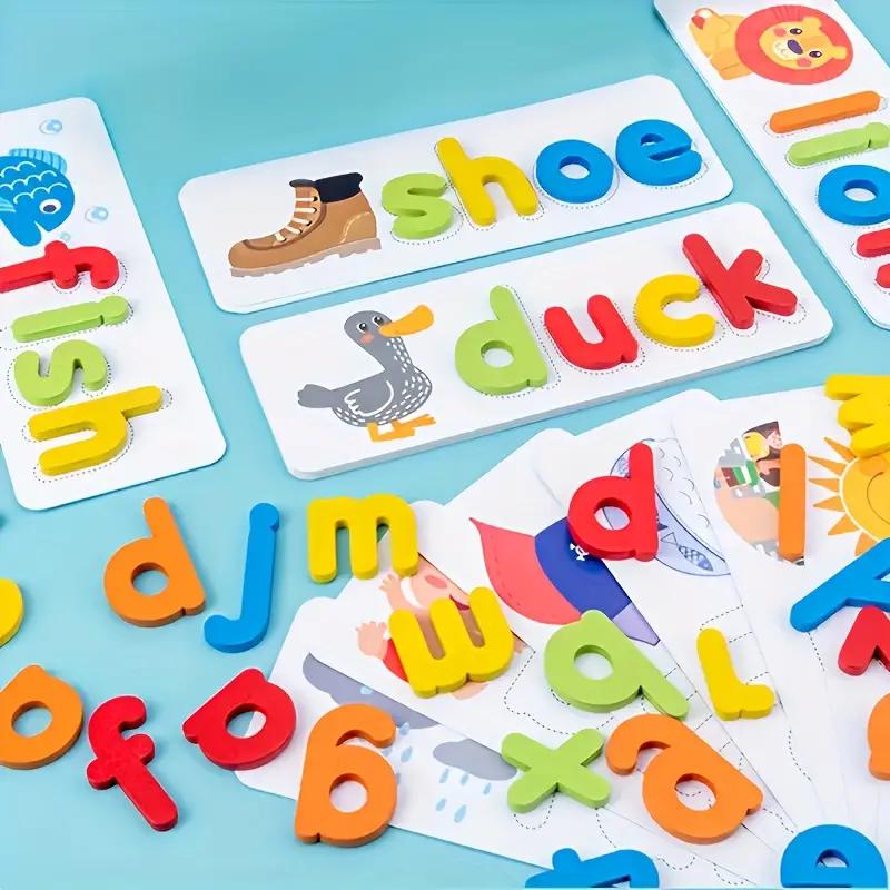 Wooden Alphabet Flash Cards, 1 Set Matching Shape Letters Word Puzzle Games, Creative Spelling Game Learning Toys