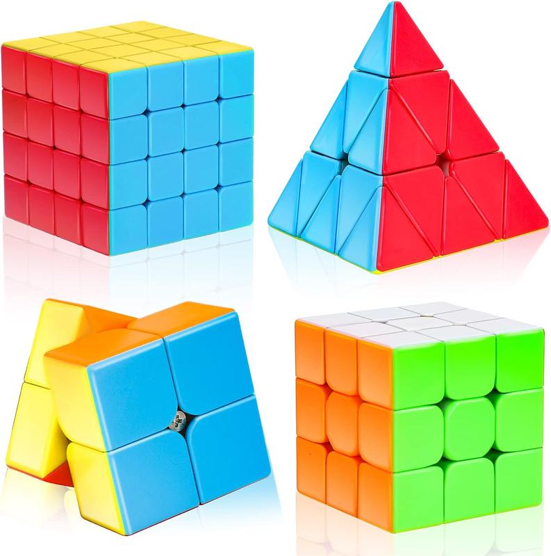 Speed Cube Set,4 Pack Speed Magic Cube Set with Speed Cube 3x3,2x2 Speed Cube,4x4 Speed Cube,Pyramid Speed Cube,Stickerless Speed Cube for Kids Toddlers Adults,Puzzle Cube Bundle Set for Kid