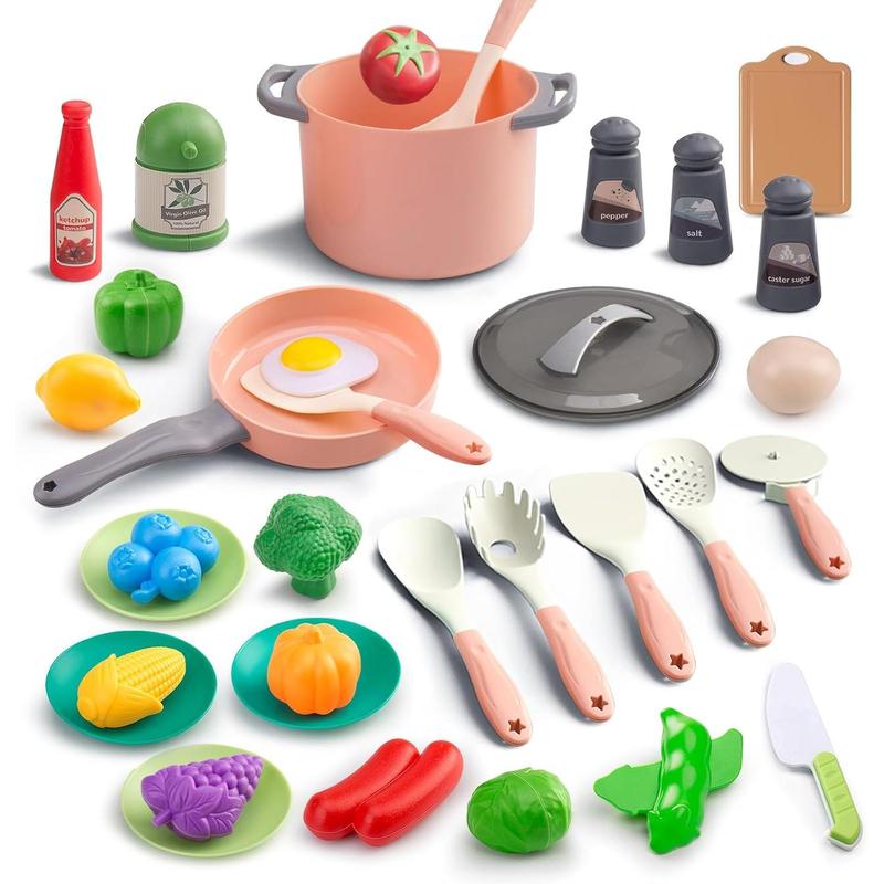 35 Pieces Kids Kitchen Toy Accessories, Kids Pretend Cooking Play Set with Toy Pots and Pans, Tableware Cookware Toys, Toy Food Set, Toy Vegetables, Learning Gift for Boys and Girls