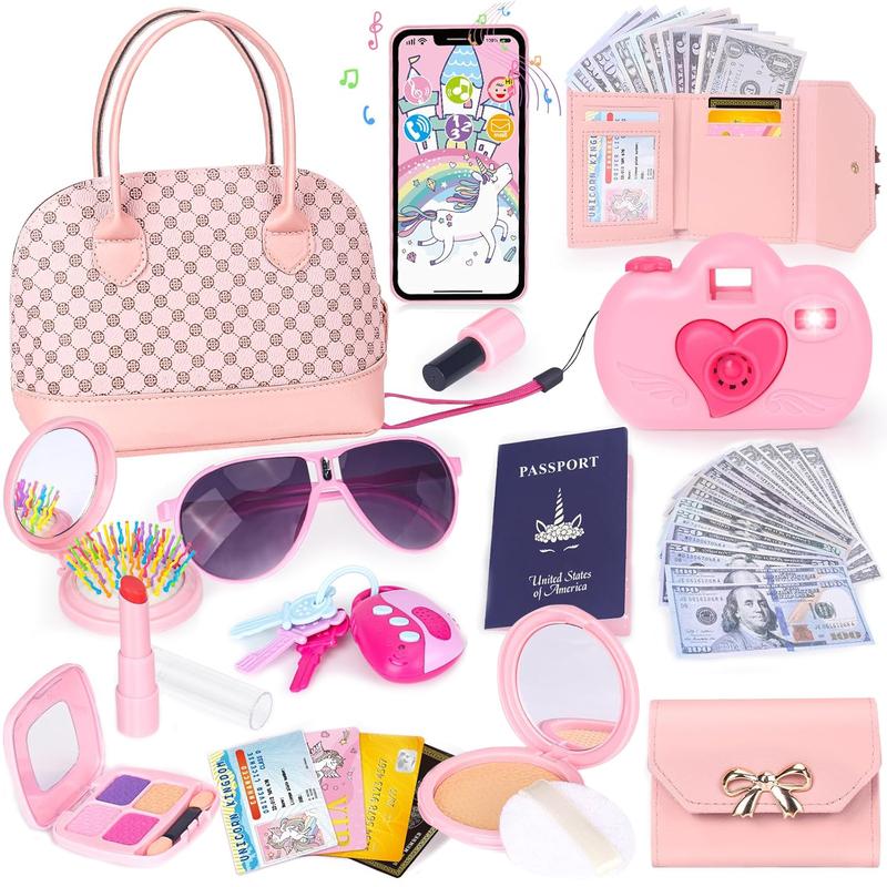 35PCS Play Purse for Little Girls, Kids Purse with Pretend Makeup for Kids, Princess Toys Includes Handbag, Phone, Wallet, Camera, Keys, Kids Purse Birthday Gift for Girls