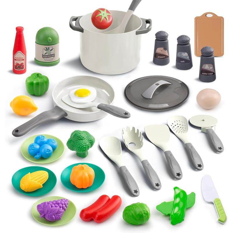 35 Pieces Kids Kitchen Toy Accessories, Kids Pretend Cooking Play Set with Toy Pots and Pans, Tableware Cookware Toys, Toy Food Set, Toy Vegetables, Learning Gift for Boys and Girls