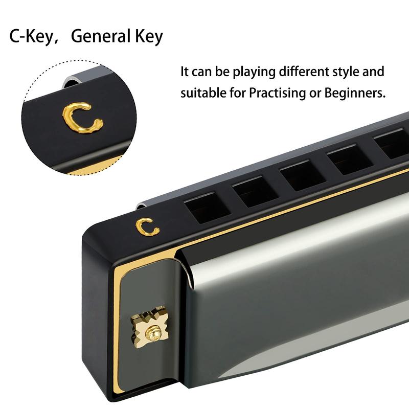 Blues Harmonica Mouth Organ 10 Hole C Key with Case, Diatonic Harmonica for Professional Player, Beginner, Students gifts, Adult, Friends, Gift Black