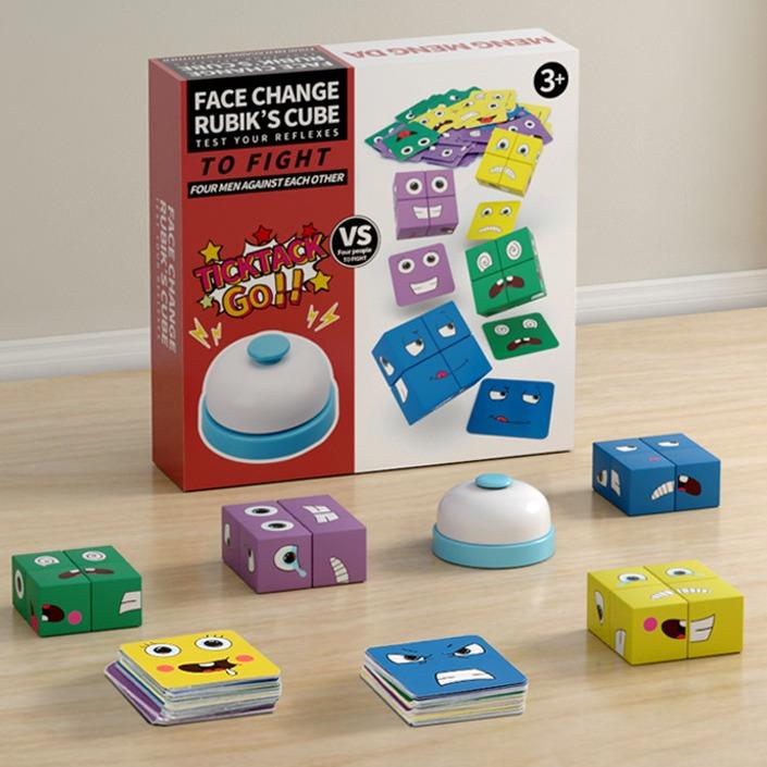 Face-Change Magic Cube，Wooden Expressions Matching Block Board Game，Face Change Building Blocks.Educational Puzzles Toy Board Games for Kids and Adults with Bell