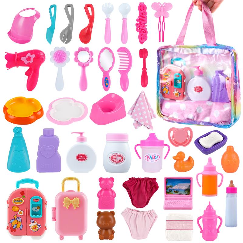 BABESIDE 40Pcs Baby Doll Accessories Set, Baby Doll Feeding and Care Set, Doll Playset with Package for Newborn Girl Including Dinner Plates, Cutlery, Dressing Utensils