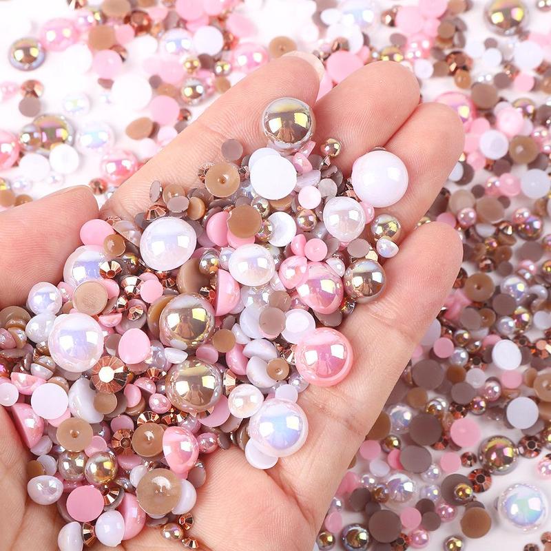 Mixed Size Flat Back Pearls & Rhinestones (1200pcs), Resin Rhinestones, Semi-circular Flat Back Pearl Rhinestones, DIY Materials For Nails, Face, Art, Crafts, Jewelry Decoration