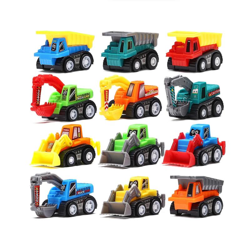 12-Piece Mini Truck Toy Kit - Pull Back Construction Vehicles, Great Party Favors, Birthday Gifts, Classroom Rewards, and Stocking Stuffers