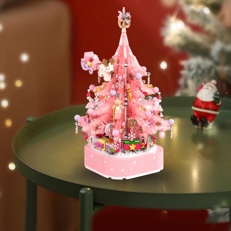 Christmas Tree Building Blocks, Christmas Music Box with LED Light Rotating Christmas Bricks Toy for Boys Girls, Pink Christmas Tree