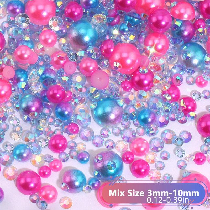 Mixed Size Flat Back Pearls & Rhinestones (1200pcs), Resin Rhinestones, Semi-circular Flat Back Pearl Rhinestones, DIY Materials For Nails, Face, Art, Crafts, Jewelry Decoration