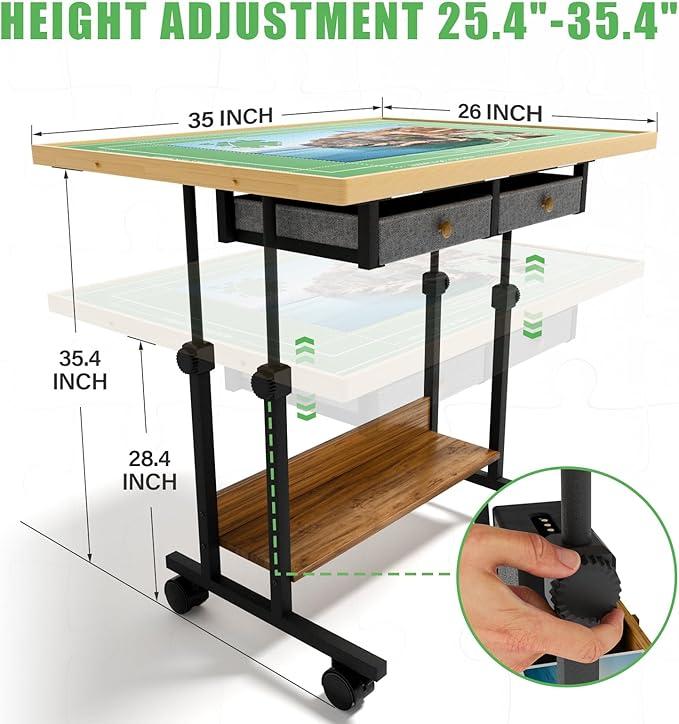 1500 Piece Adjustable Height & 5-Tilting-Angle Angle Puzzle Table with 6 Drawers, Cover, 35