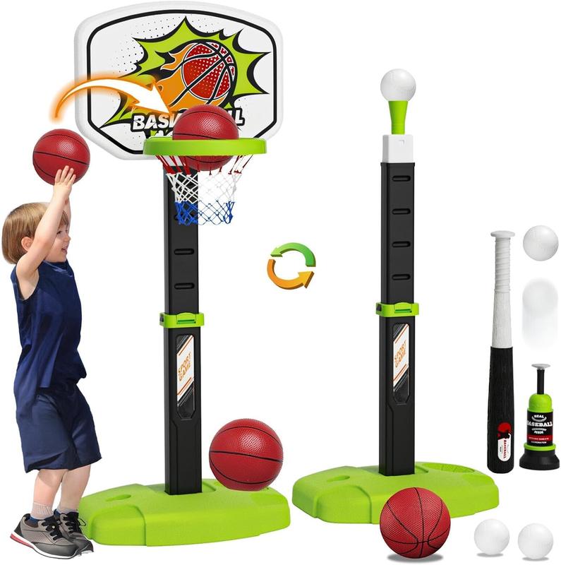 3 in 1 Toddler Basketball Hoop and Tee Ball Set for Boys: Kids Baseball Tee with Automatic Pitching Machine Adjustable Height Indoor and Outdoor Sports Toys Christmas Birthday Gifts for Boy Age 1-8