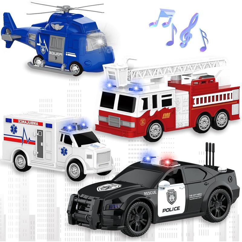 4 Packs Fire Truck Toy, Ambulance, Police Car, and Helicopter, Emergency Vehicle Truck Toy Set with Lights and Sounds, Friction Powered Car Toy