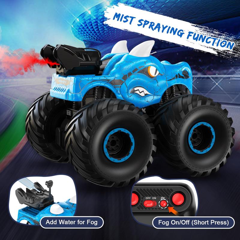 Kidcia Remote Control Dinosaur Car, 2.4GHz RC Monster Trucks for Boys with Spray, Light & Sound, All Terrain RC Cars with 2 Batteries, Dinosaur Toys for Kids 3 4 5 6 7 8, Christmas Birthday Gift, Red