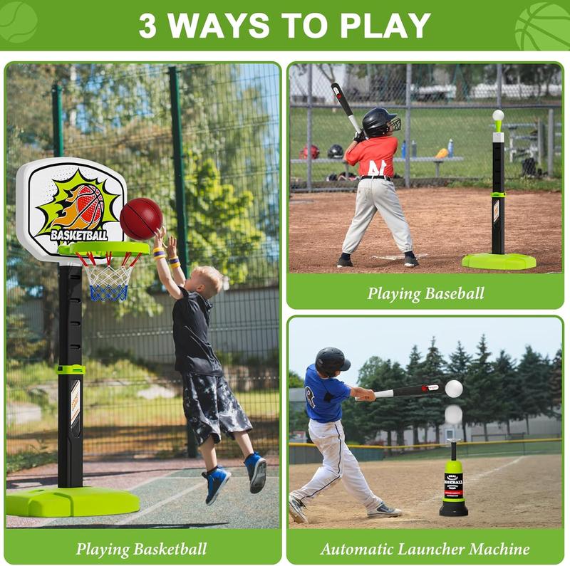 3 in 1 Toddler Basketball Hoop and Tee Ball Set for Boys: Kids Baseball Tee with Automatic Pitching Machine Adjustable Height Indoor and Outdoor Sports Toys Christmas Birthday Gifts for Boy Age 1-8