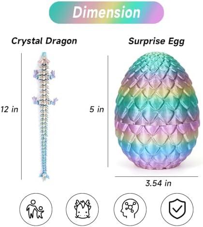 3D Printed Dragon Egg, Mystery Crystal Dragon Egg Fidget Toys Surprise, Easter Eggs Mythical Dragon Eggs with Dragon Inside, Articulated Crystal Fidget Toys for Kid(Rainbow Color)