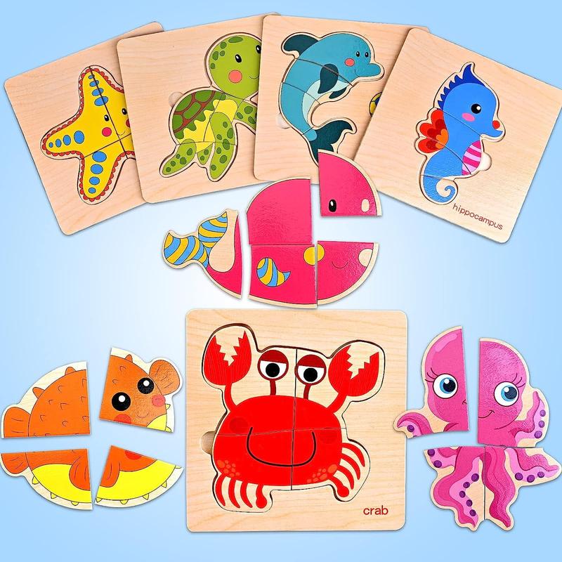 8Pcs Cute Animal Pattern Wooden Toys for Kid, Wooden Puzzles Sea Animal Puzzle for Kids, Montessori Toys to Improve Color Awareness for Girl Boy