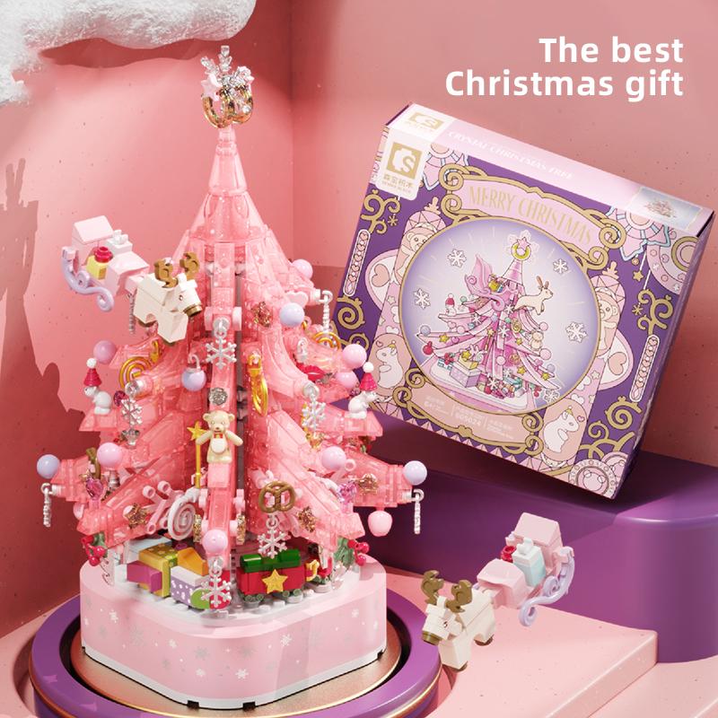 Christmas Tree Building Blocks, Christmas Music Box with LED Light Rotating Christmas Bricks Toy for Boys Girls, Pink Christmas Tree