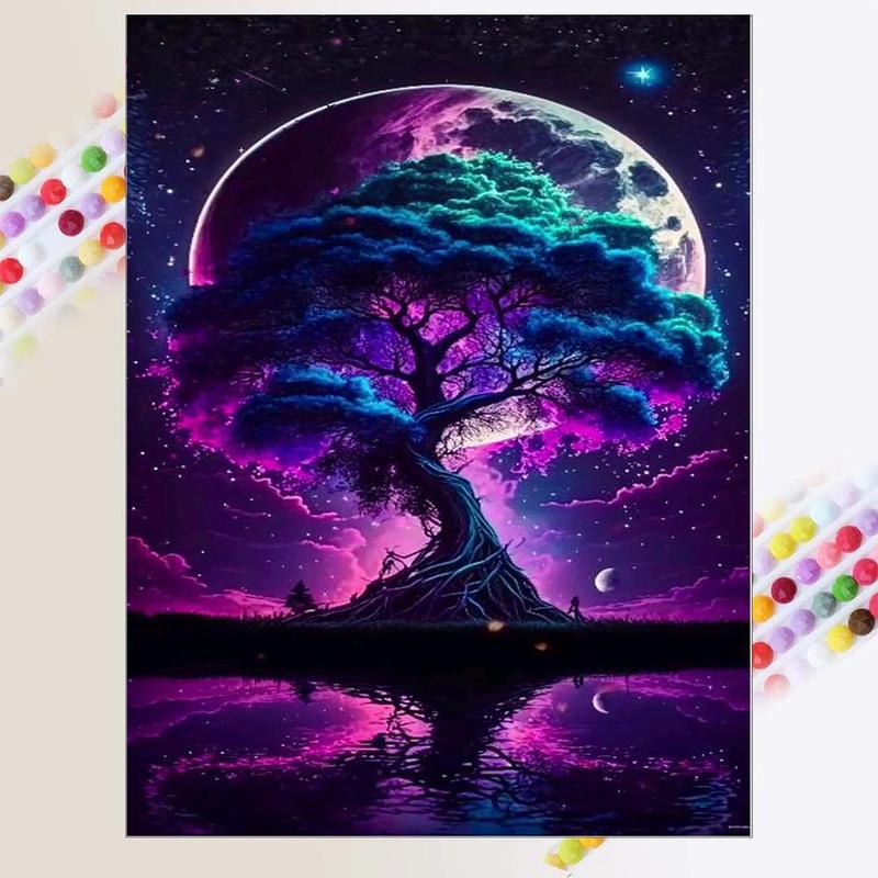 5D DIY Diamond Arts Colorful Painting Kit, Tree & Moon Pattern Diamond Arts Colorful Painting without Frame, Handmade Art Crafts for Home Decor