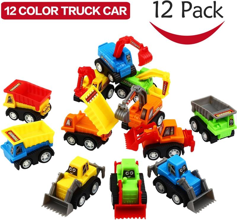 12-Piece Mini Truck Toy Kit - Pull Back Construction Vehicles, Great Party Favors, Birthday Gifts, Classroom Rewards, and Stocking Stuffers