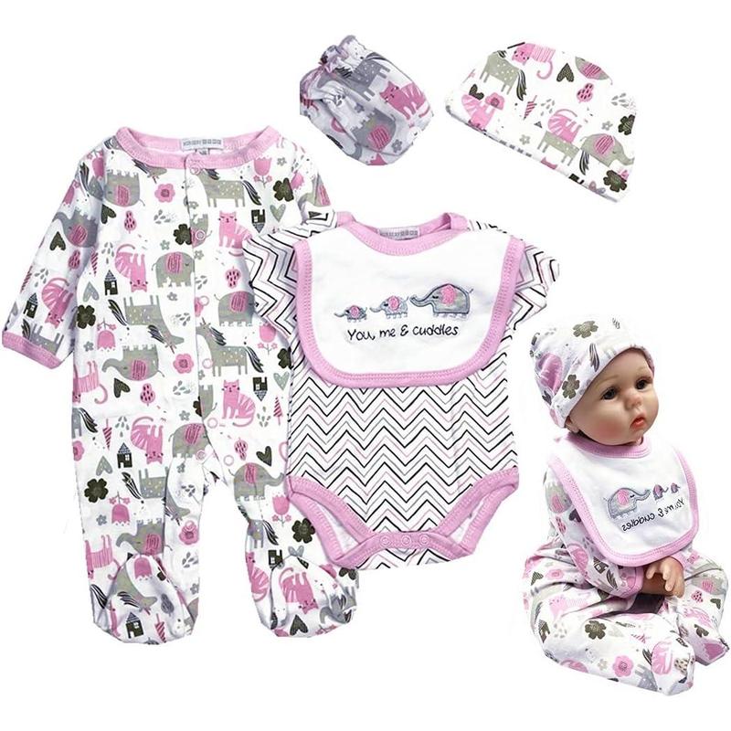 Reborn Baby Girl Dolls Clothes 22 inches 5 pcs Sets Pink Baby Elephant Outfit Accessories for 20-22