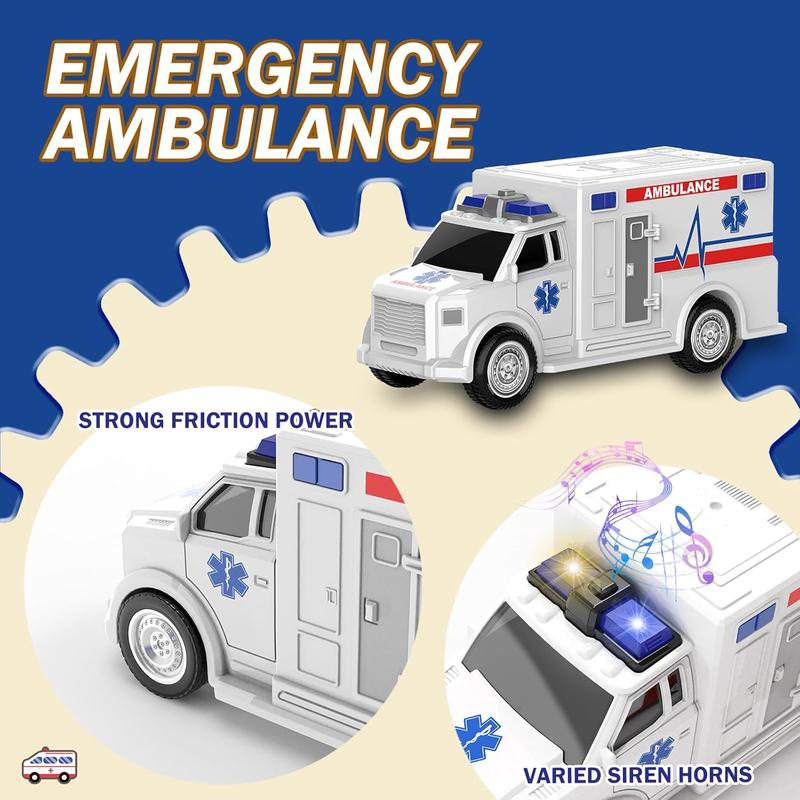 4 Packs Fire Truck Toy, Ambulance, Police Car, and Helicopter, Emergency Vehicle Truck Toy Set with Lights and Sounds, Friction Powered Car Toy